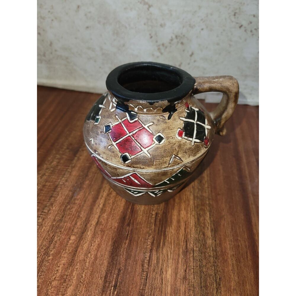 Vintage Small Handled Pottery Vase Piece Jar Black Red